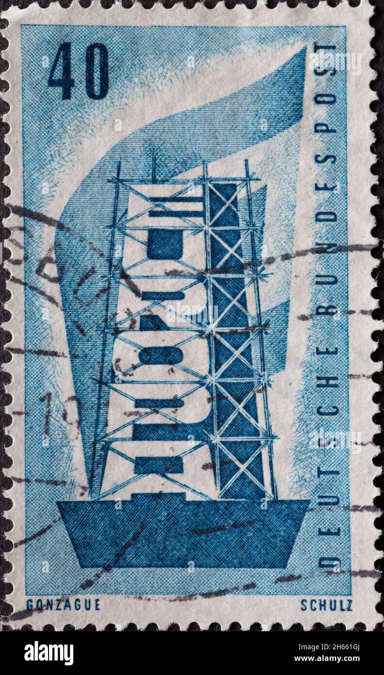 GERMANY CIRCA 1956 This postage stamp in blue shows the word Europe