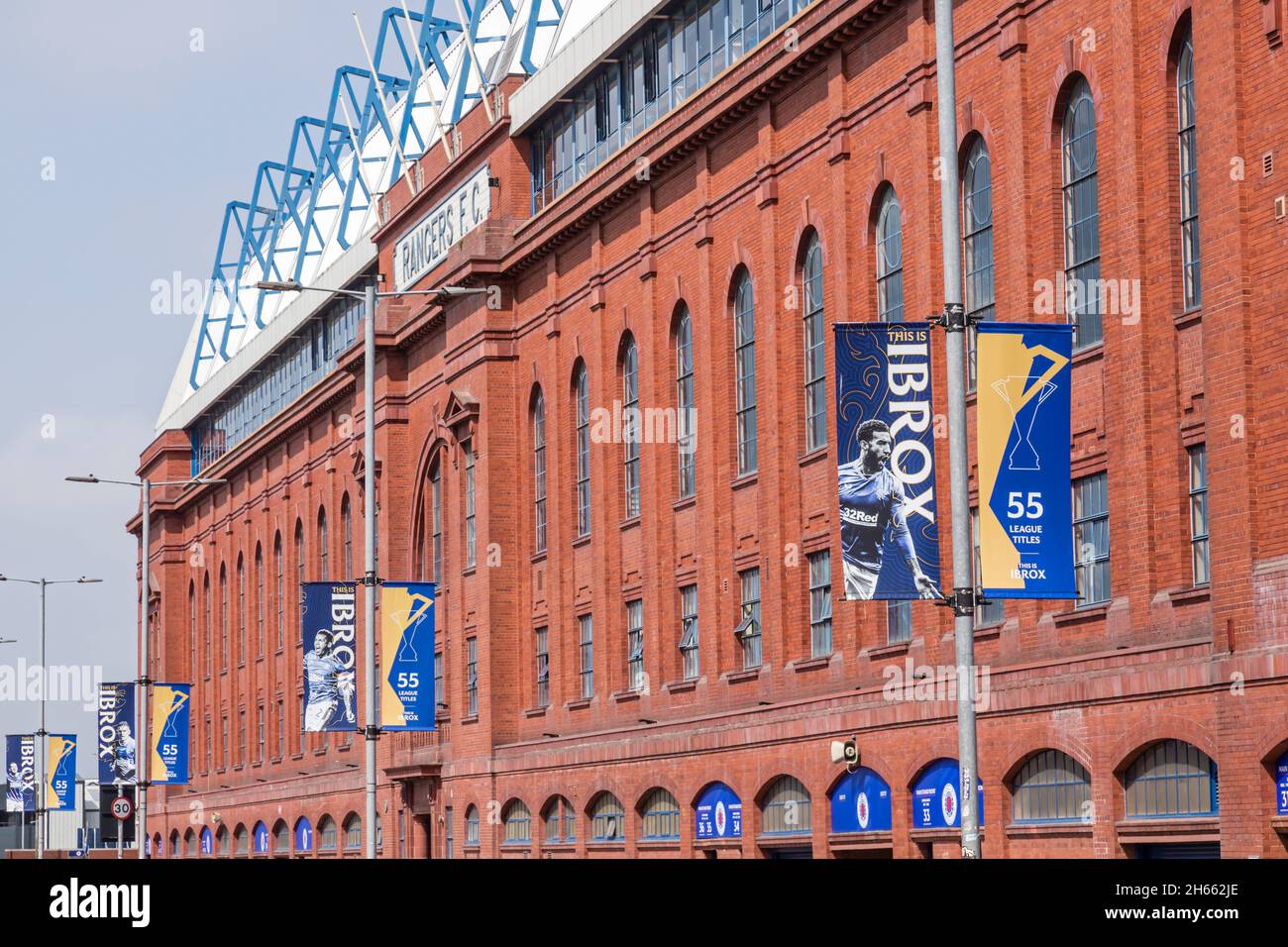 55 League Titles banners beside Rangers FC Main Stand at Ibrox Stadium, Edmiston Drive, Ibrox, Glasgow, Scotland, UK, Europe Stock Photo