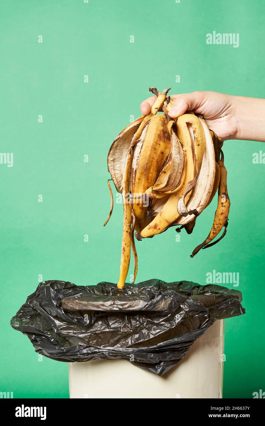 Woman throwing banana peels in trash can. Throw out banana peels in garbage. Banana skin in