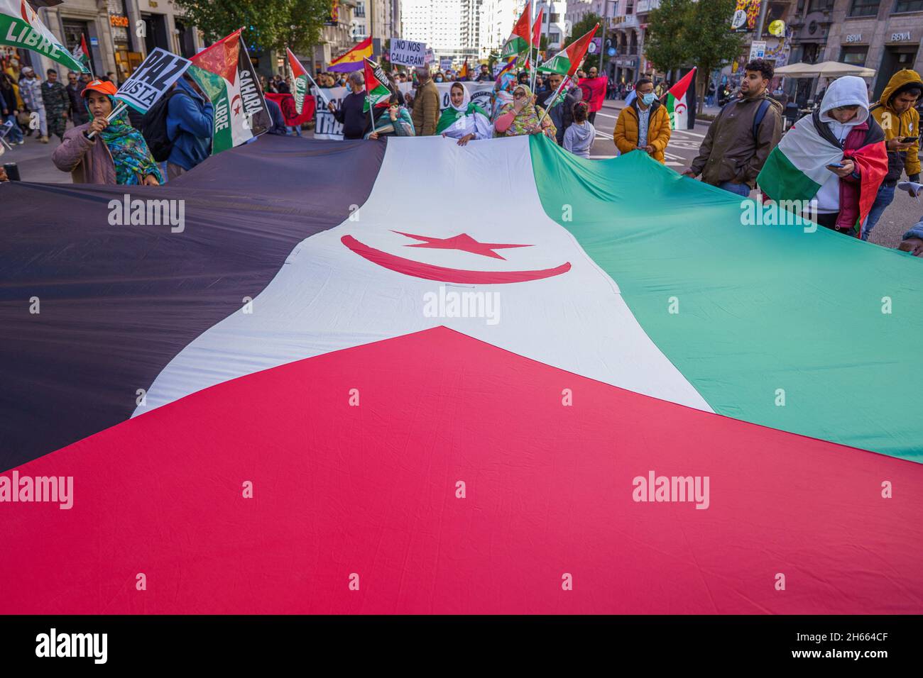 Madrid, Spain. 13th Nov, 2021. Protesters hold a large flag during the demonstration.Activists held a protest against the human rights abuses against the Saharawi people and to call for the 'liberation of Western Sahara' in Gran Via Street in Madrid, Spain. (Photo by Atilano Garcia/SOPA Images/Sipa USA) Credit: Sipa USA/Alamy Live News Stock Photo