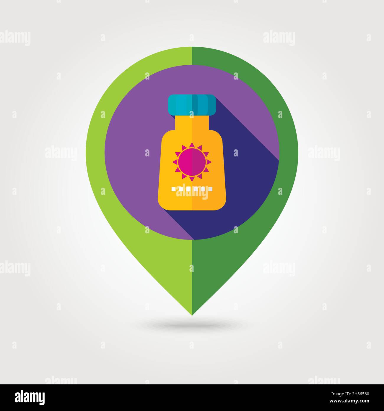 Sunscreen flat mapping pin icon with long shadow, eps 10 Stock Vector