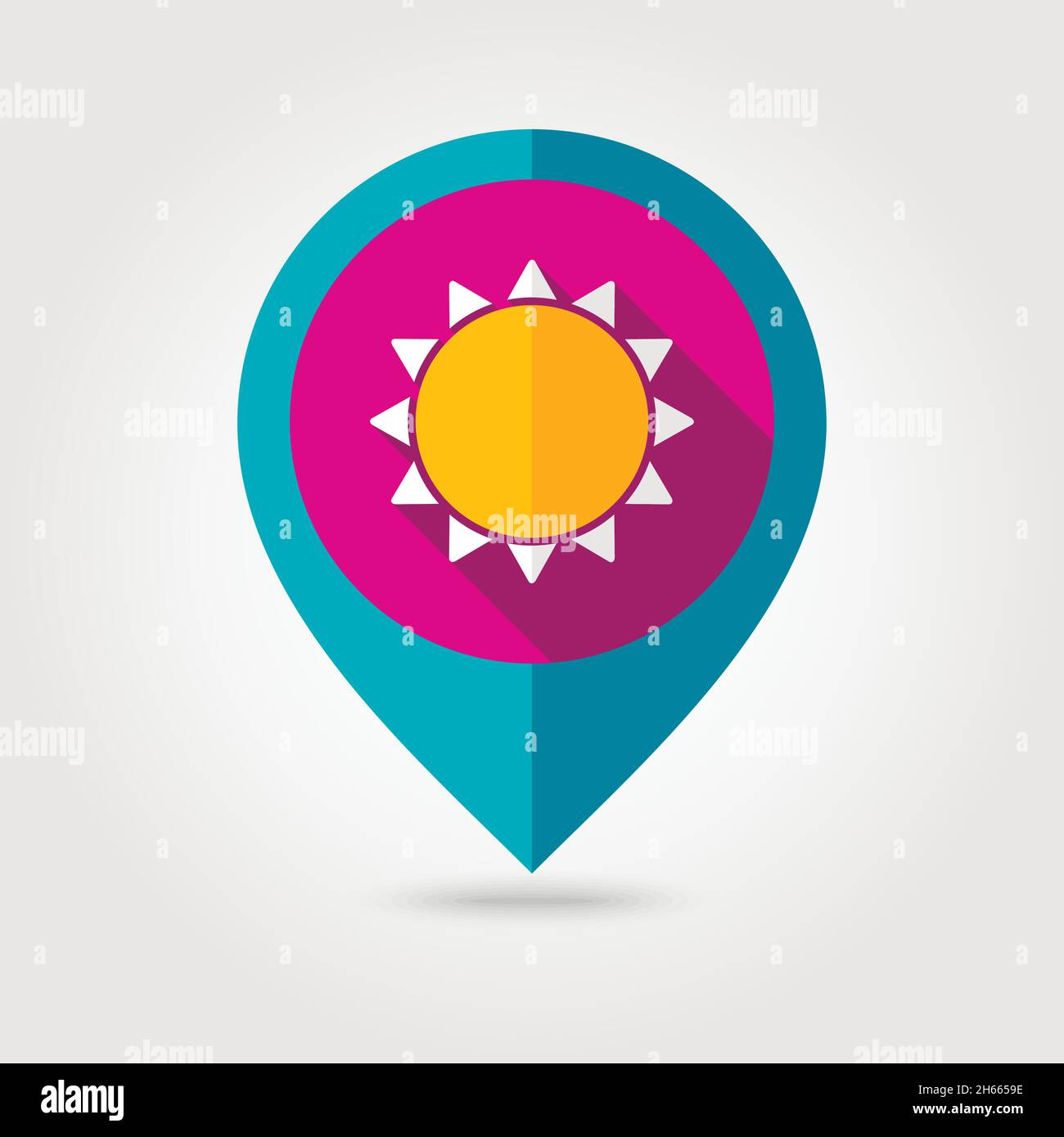 Sun flat mapping pin icon with long shadow, eps 10 Stock Vector