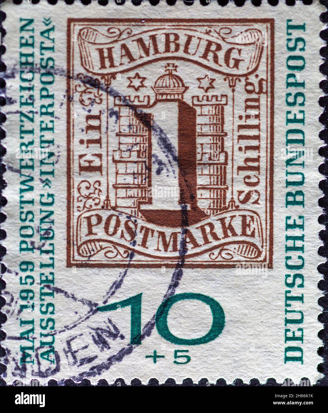 GERMANY - CIRCA 1959: a postage stamp  showing an illustration of the historic postage stamp Hamburg one shilling. International stamp exhibition INTE Stock Photo
