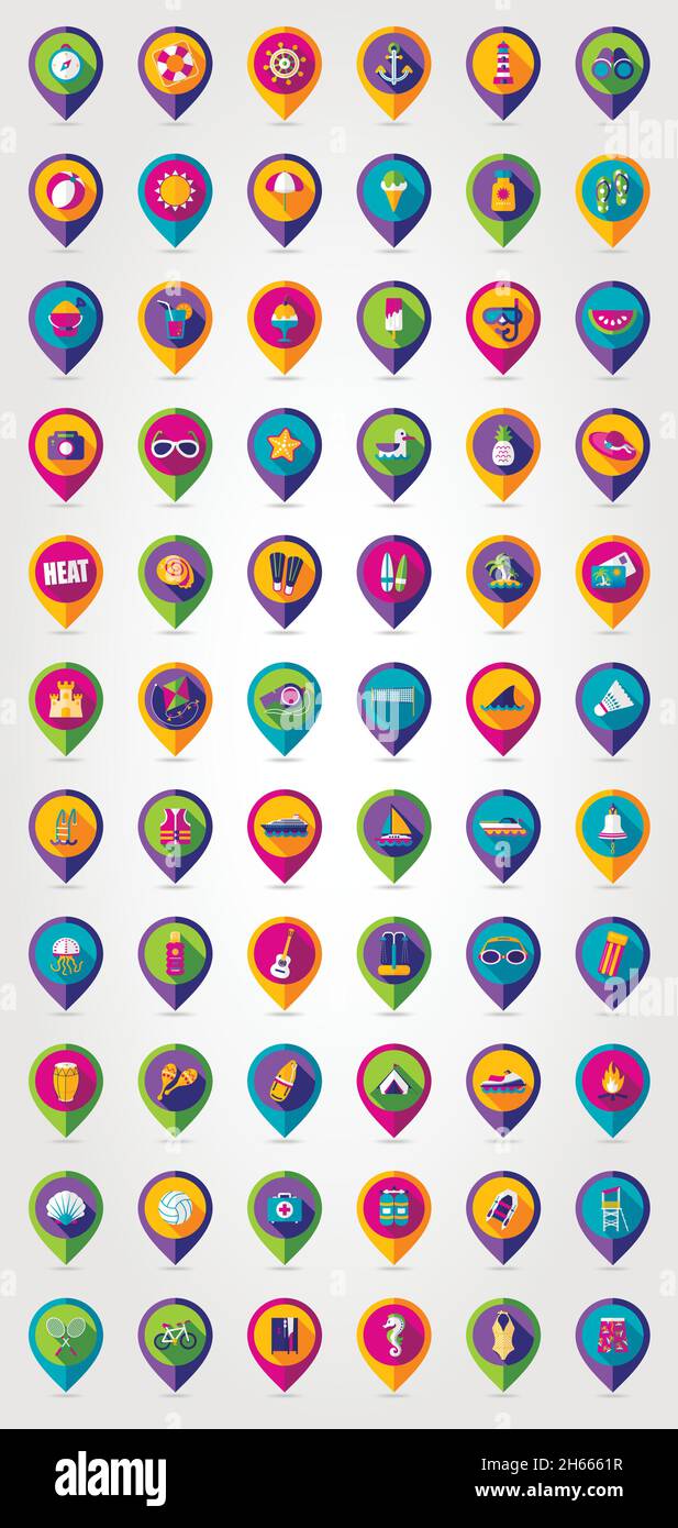 Summer flat mapping pin icon with long shadow, eps 10 Stock Vector
