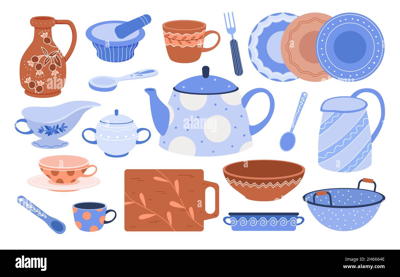 Vintage kitchenware, cutlery to cook food in home kitchen vector. Cartoon fork tools and cup, dish bowl, plate with cute pattern for family dinner Stock Vector