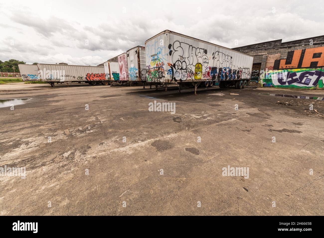 Abandoned buildings with graffiti Stock Photo