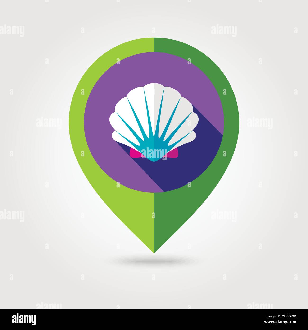Seashell flat mapping pin icon with long shadow, eps 10 Stock Vector