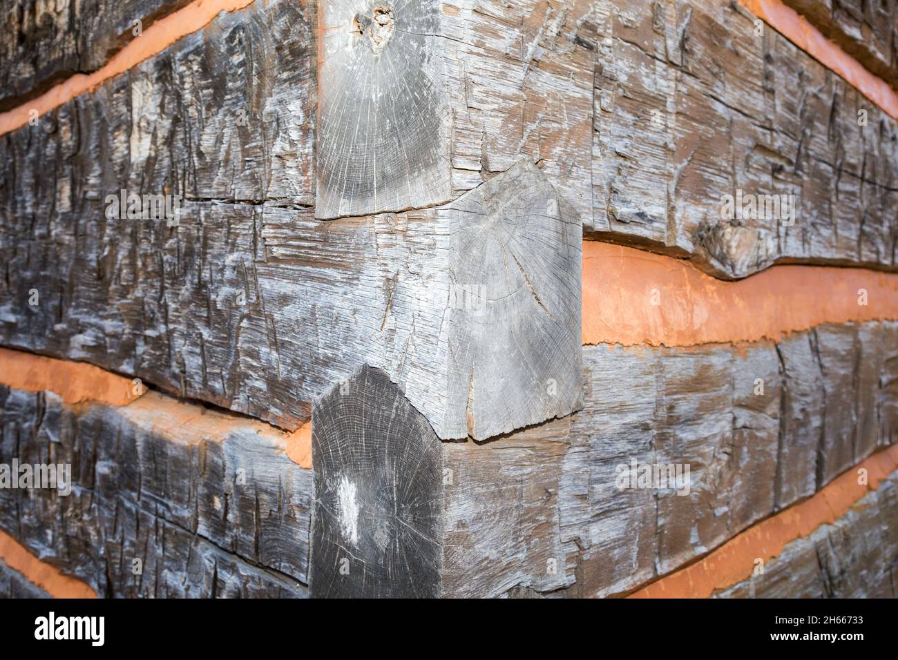 Hand hewn log construction, old barn Stock Photo