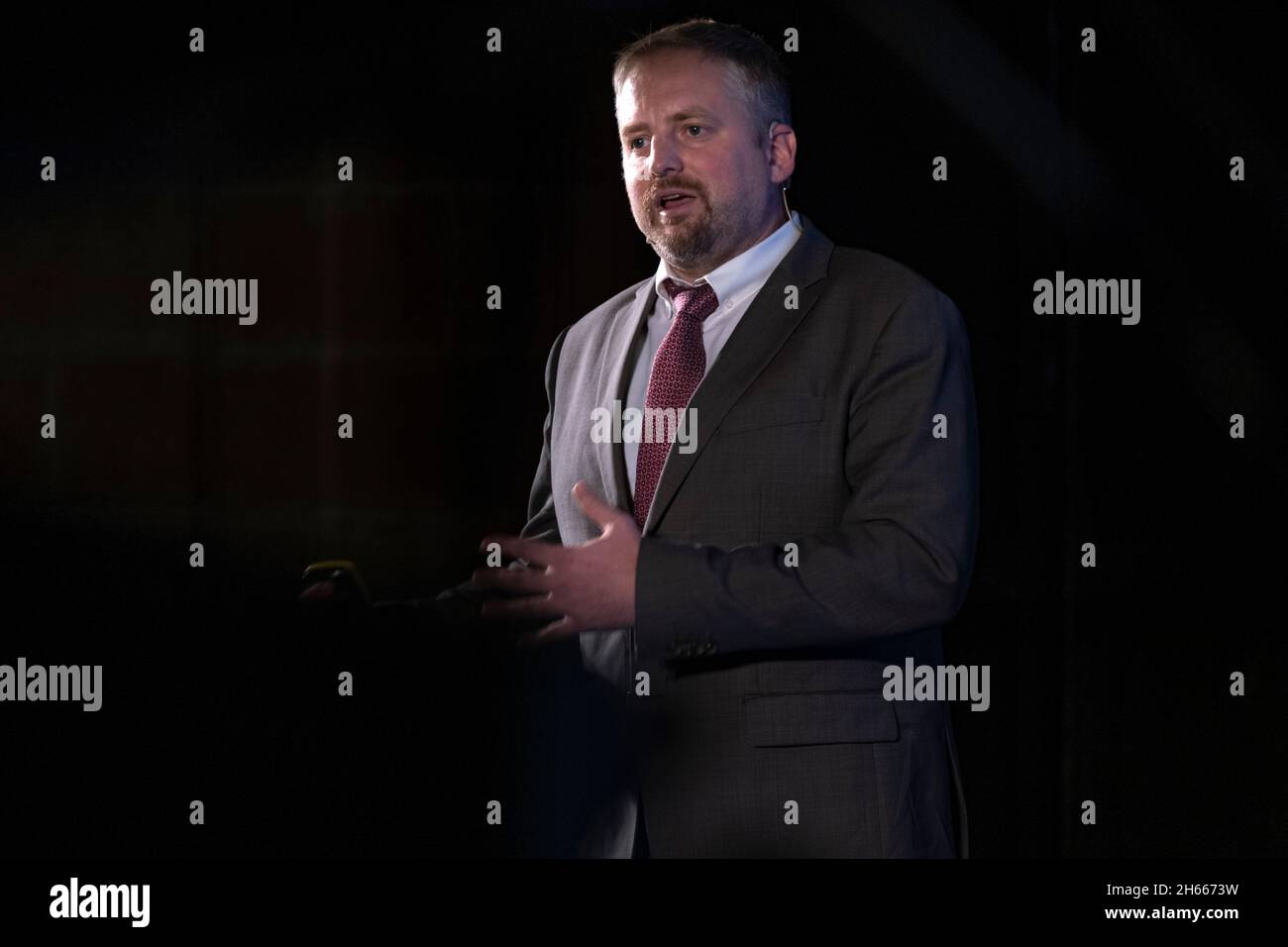 Barcelona, Spain. 12th Nov, 2021. Mr. Vit Jedlicka, President of Liberland speaks during the conference.In the annual framework of Democracy4All, Blockchain For Governance has taken place at Casa Llotja de Mar in Barcelona with conferences focused on the development and implementation of blockchain technology. (Photo by Paco Freire/SOPA Images/Sipa USA) Credit: Sipa USA/Alamy Live News Stock Photo