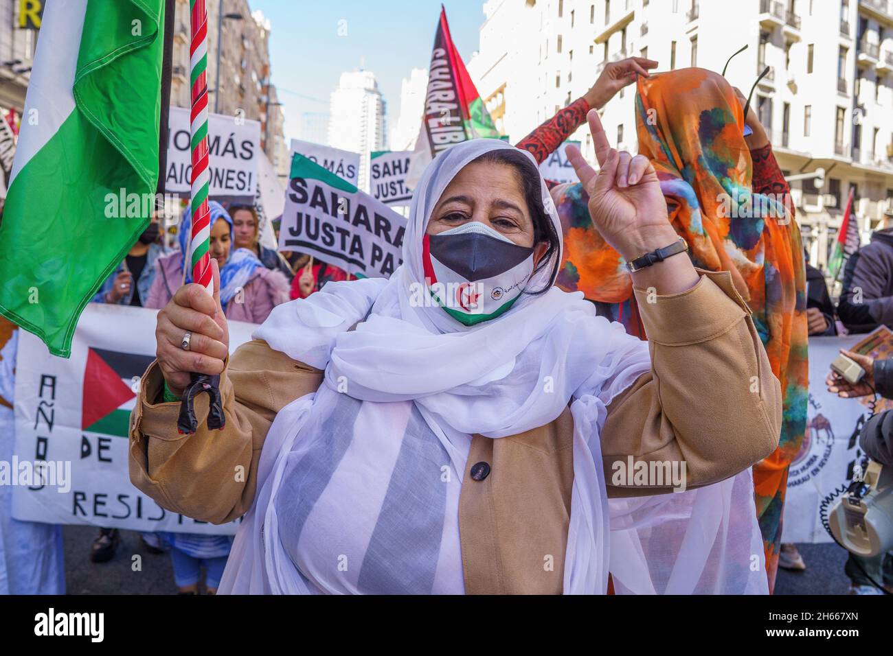Madrid, Spain. 12th June, 2021. A protester gestures during a demonstration.Activists held a protest against the human rights abuses against the Saharawi people and to call for the ''liberation of Western Sahara'' in Gran Via Street in Madrid, Spain. (Credit Image: © Atilano Garcia/SOPA Images via ZUMA Press Wire) Stock Photo