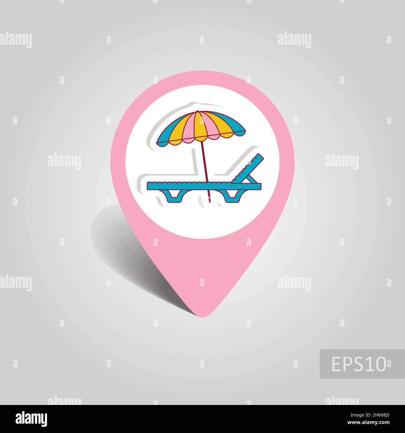 Beach chaise lounge with umbrella vector pin map icon. Map pointer ...
