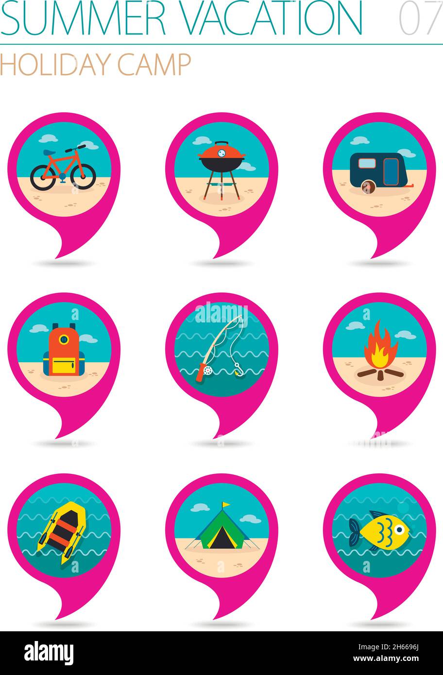 Summer camping vector pin map icon set. Summer time Map pointer. Map ...