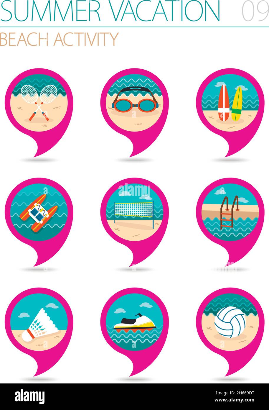 Beach activity vector pin map icon set. Summer time Map pointer. Map ...