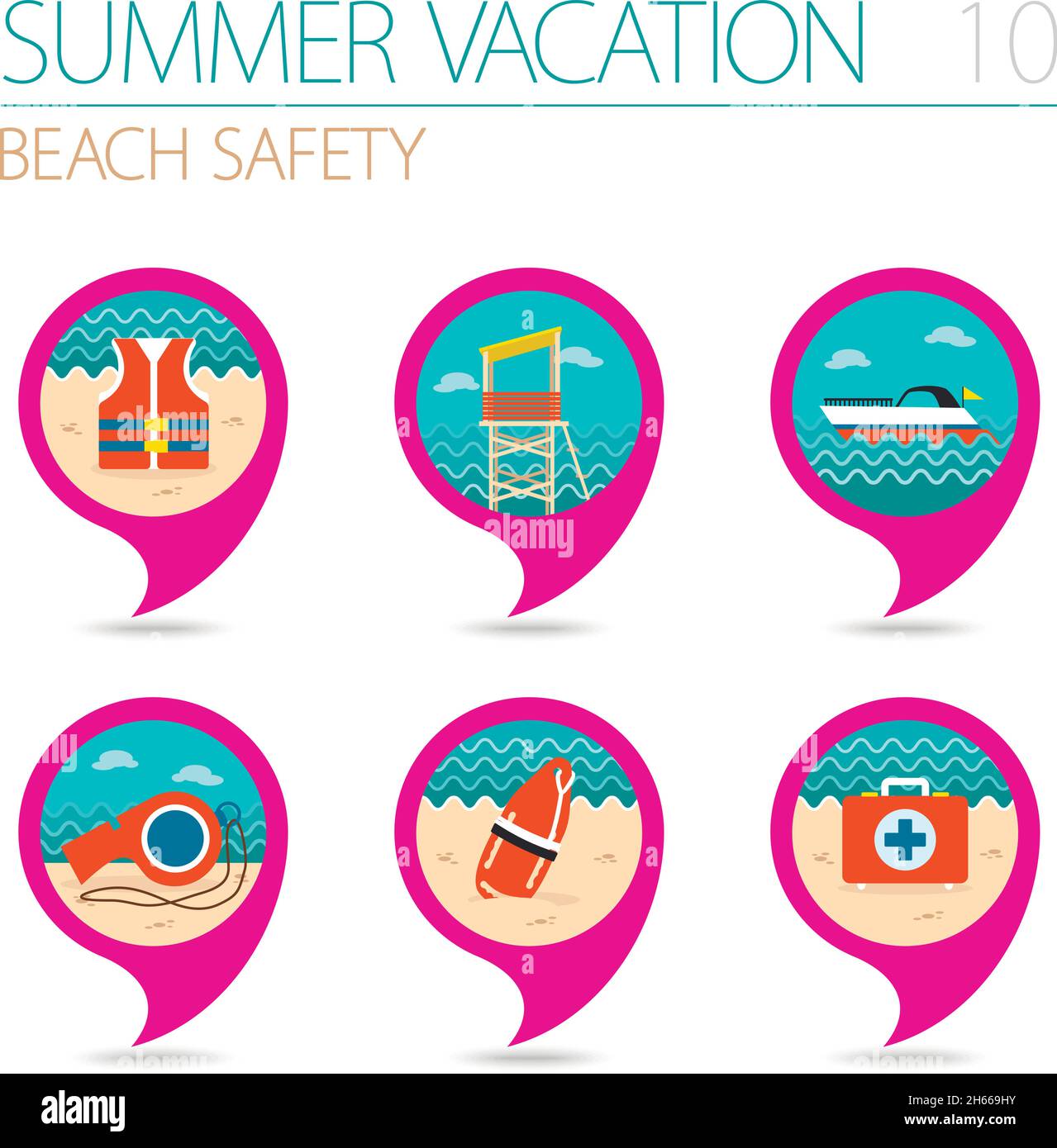 Lifeguard beach safety vector pin map icon set. Summer time Map pointer. Map markers. Vacation, eps 10 Stock Vector