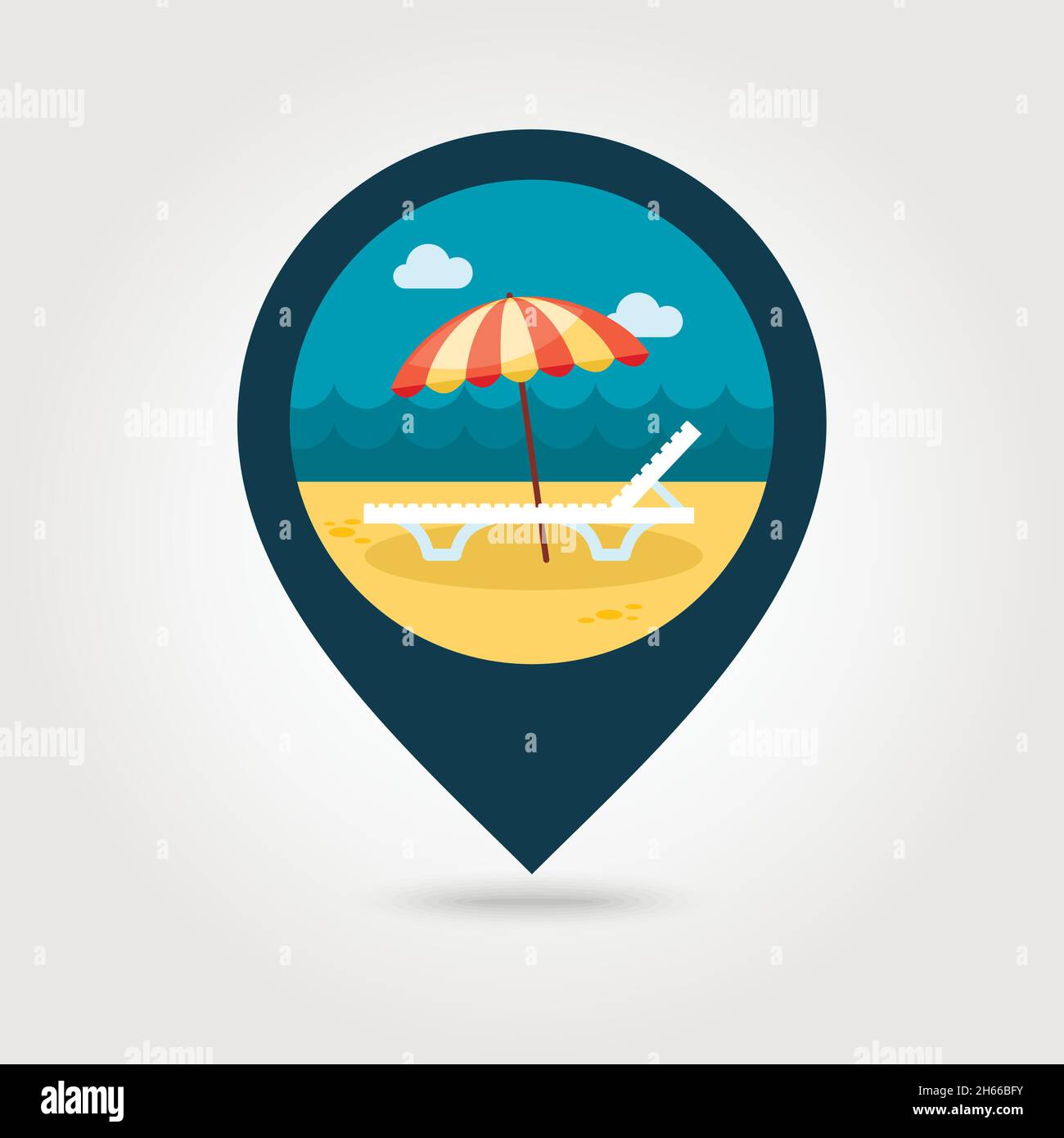 Beach chaise lounge with umbrella vector pin map icon. Map pointer ...