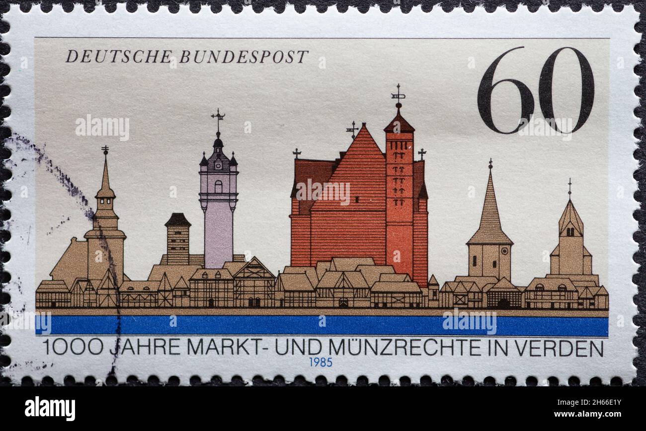 GERMANY - CIRCA 1985: a postage stamp from Germany, showing the cityscape of Verden. 1000 years of market and coinage law Verden (Aller) Stock Photo