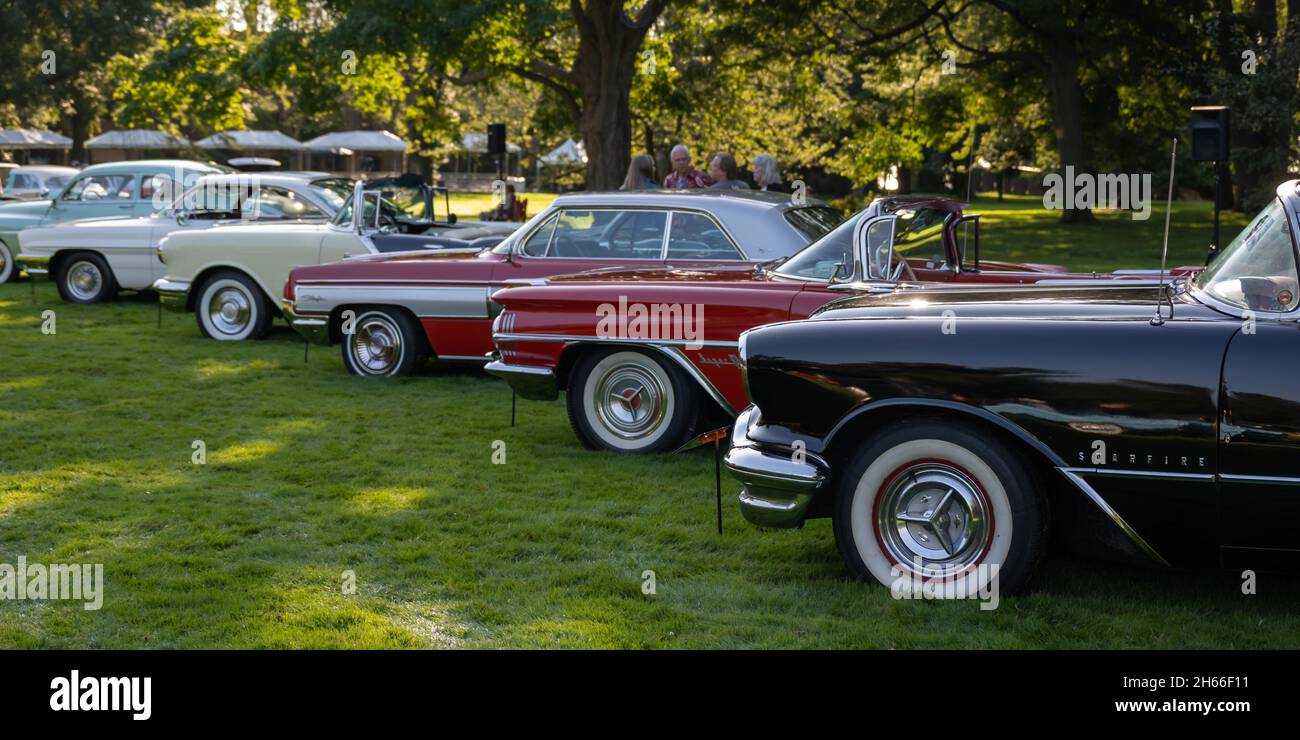 GROSSE POINTE SHORES, MI/USA - SEPTEMBER 19, 2021: Oldsmobile cars, inc. a 1956 Ninety-Eight Starfire car, EyesOn Design car show, near Detroit. Stock Photo