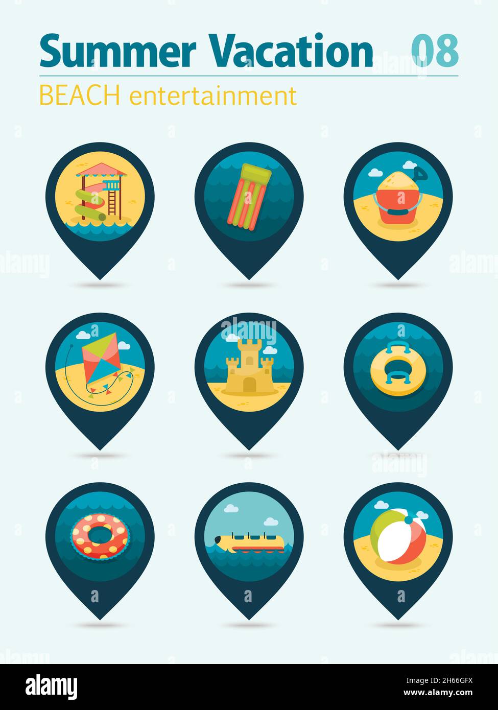 Beach entertainment vector pin map icon set. Summer time Map pointer ...
