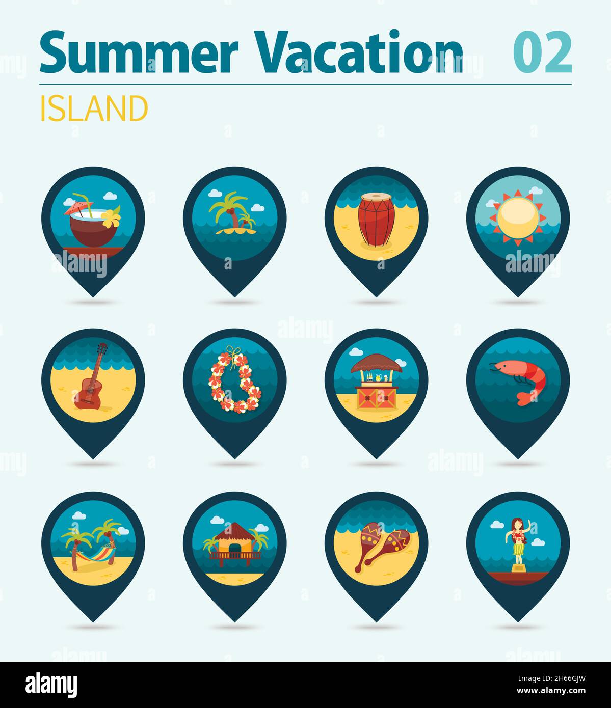 Island beach vector pin map icon set. Summer time Map pointer. Map ...