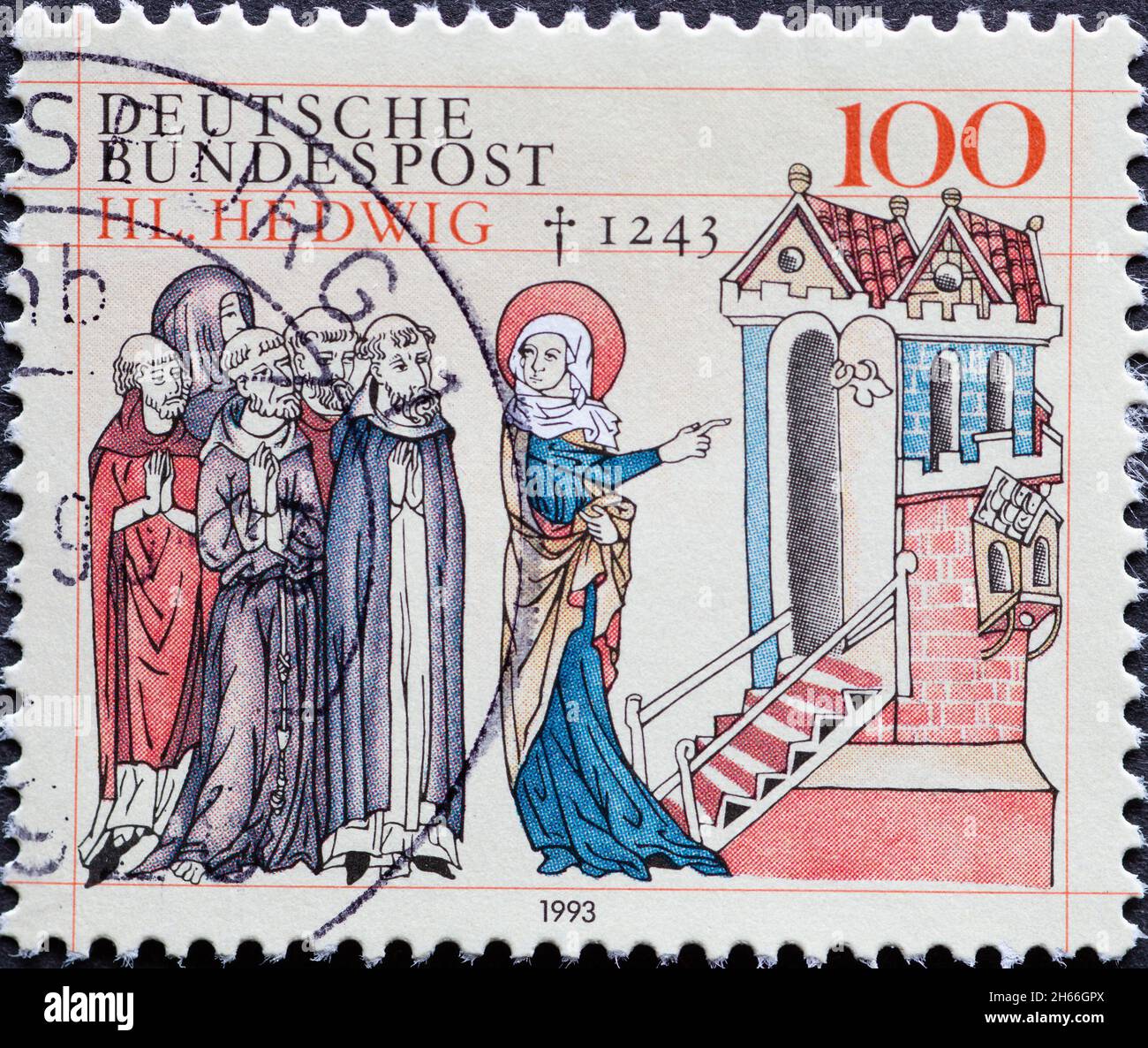 GERMANY - CIRCA 1993 : a postage stamp from Germany, showing a  historical drawing of St. Hedwig von Andechs (Polish: Jadwiga Slaska), was the Duchess Stock Photo