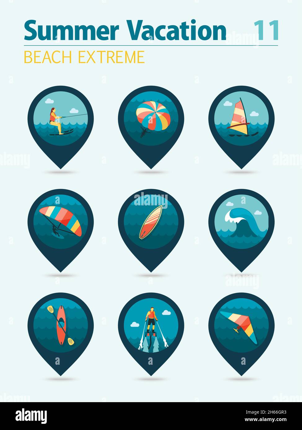 Extreme Water Sport beach vector pin map icon set. Summer time Map ...
