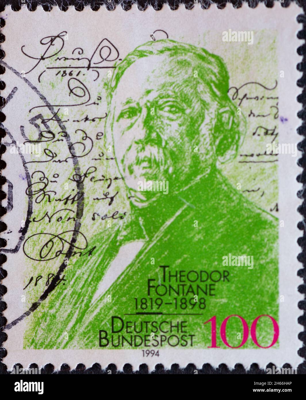 GERMANY - CIRCA 1994 : a postage stamp from Germany, showing portrait of the writer, journalist and critic Theodor Fontane (1819–1898) for his 175th b Stock Photo