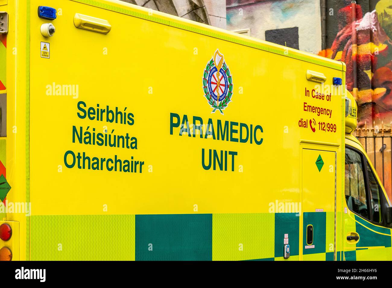 Irish ambulance with the words 'Paramedic Unit' on the exterior of the vehicle in Ireland. Stock Photo