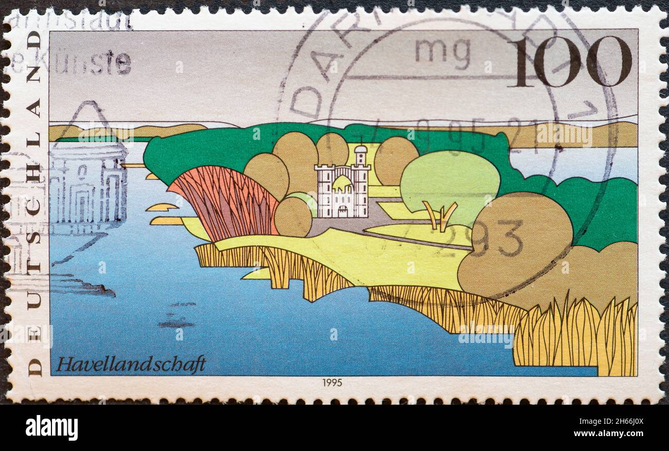 GERMANY - CIRCA 1995: a postage stamp from Germany, showing a graphic of the Havel landscape in Berlin (Pfaueninsel) Stock Photo