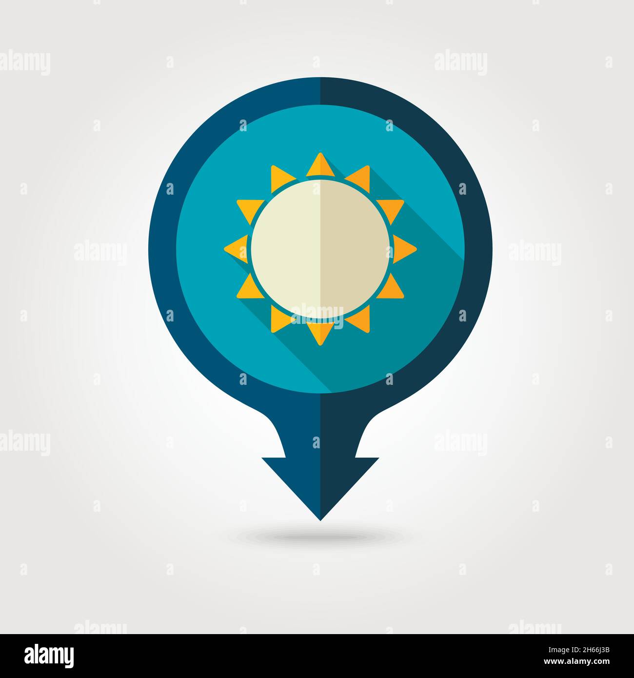 Sun vector pin map flat icon with long shadow. Beach Map pointer. Summer Map markers. Holiday. Summertime. Vacation, eps 10 Stock Vector