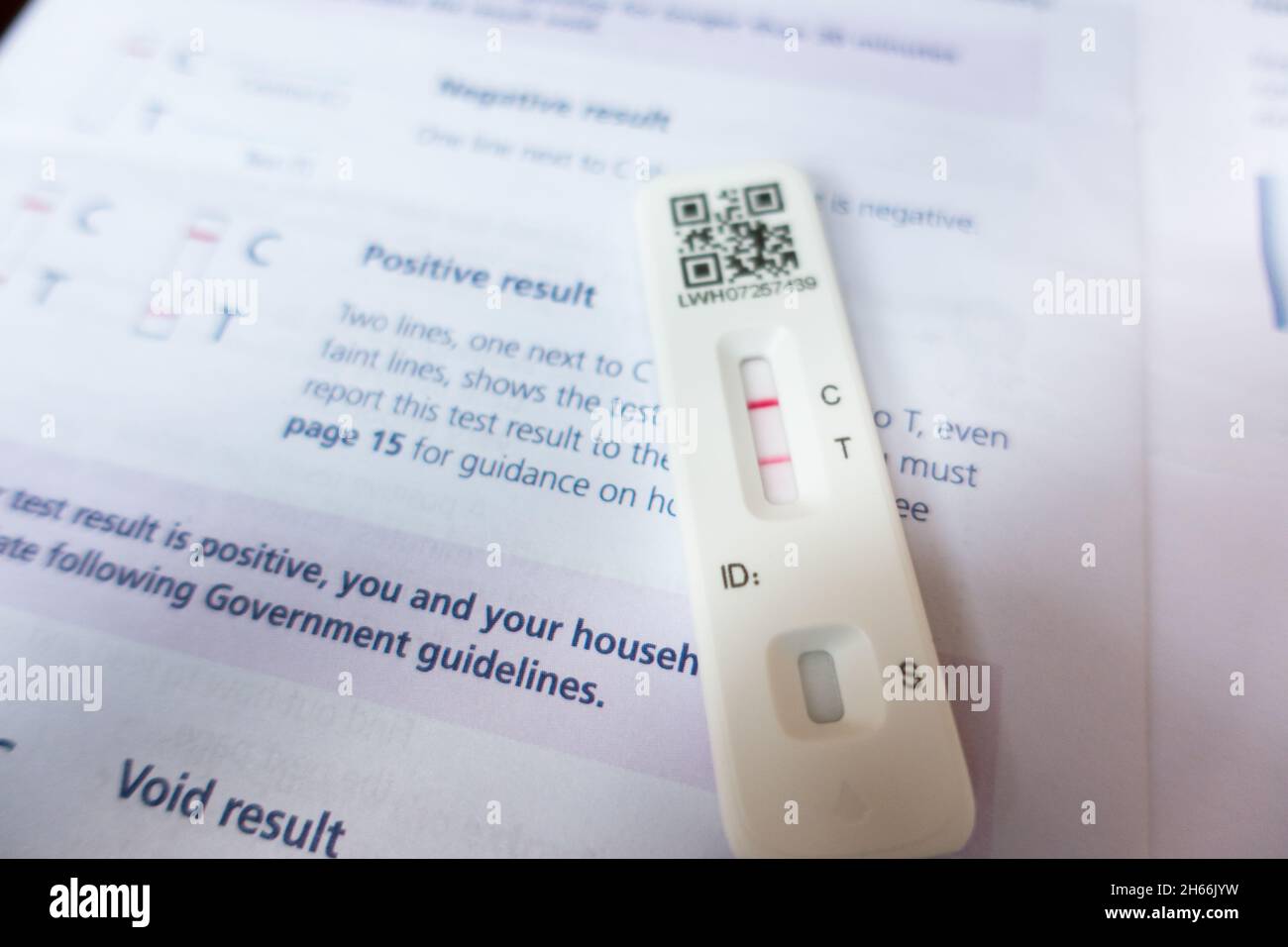 UK home covid lateral flow test kit showing COVID Positive result Stock Photo