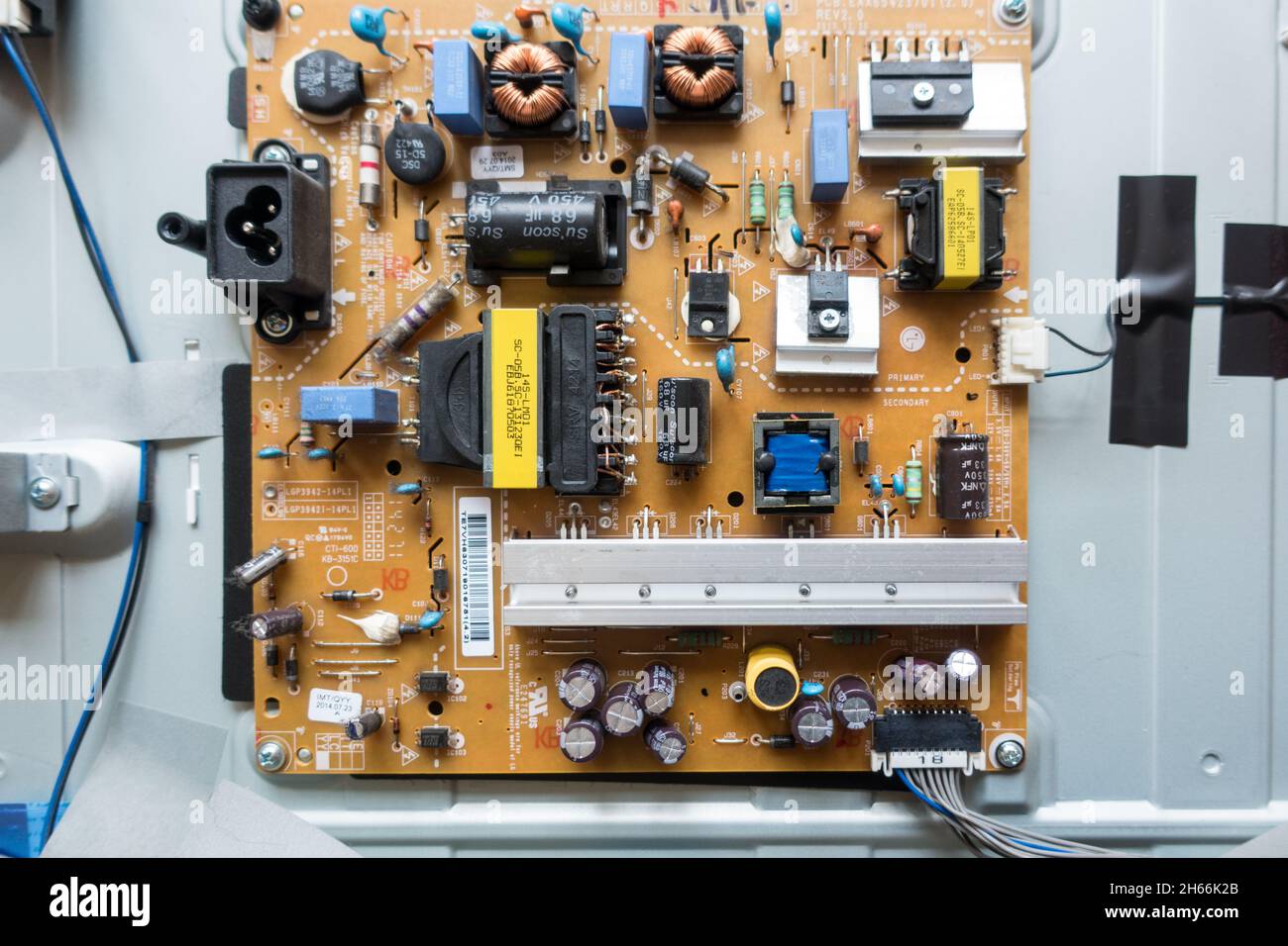 Exposed Electronic control unit and connection ports of a LCD television Stock Photo