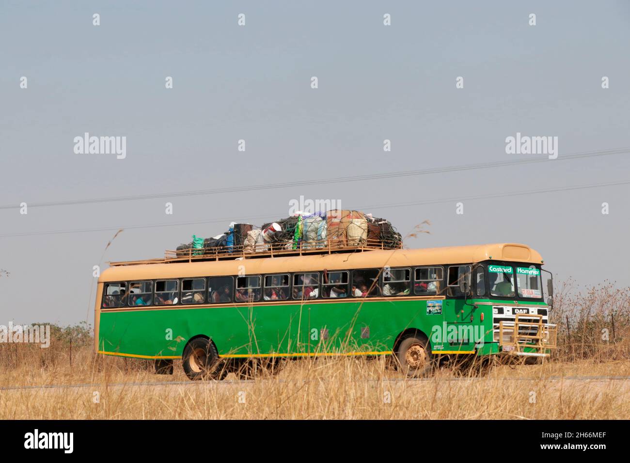 A bus is seen on the road on the way to rural Zvimba district, Zimbabwe. The old type of bus is