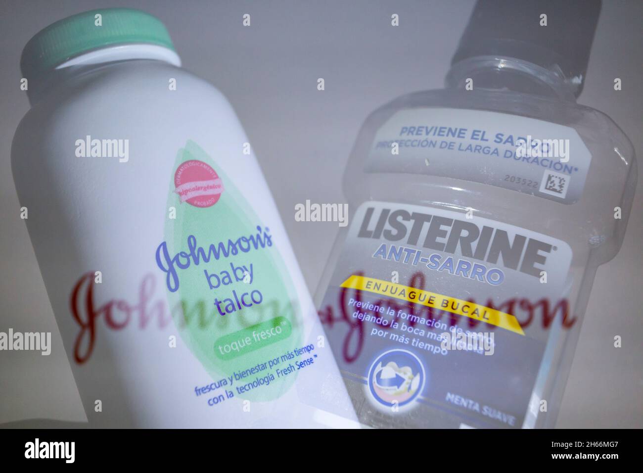 Asuncion, Paraguay. 13th Nov, 2021. Illustration: In-camera multiple exposure image shows J&J's Baby Powder, Listerine and Johnson & Johnson logo. Healthcare firm Johnson & Johnson plans to spin off its consumer health division, known for its Baby Powder and Listerine mouthwash, to focus on developing medicines and medical devices. (Credit Image: © Andre M. Chang/ZUMA Press Wire) Stock Photo