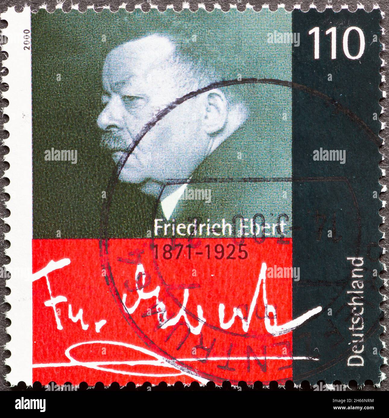 GERMANY - CIRCA 2000: a postage stamp from Germany, showing a portrait with the signature of the German social democrat and politician Friedrich Ebert Stock Photo