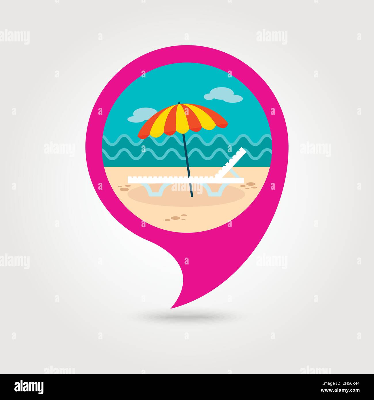 Beach chaise lounge with umbrella vector pin map icon. Map pointer ...