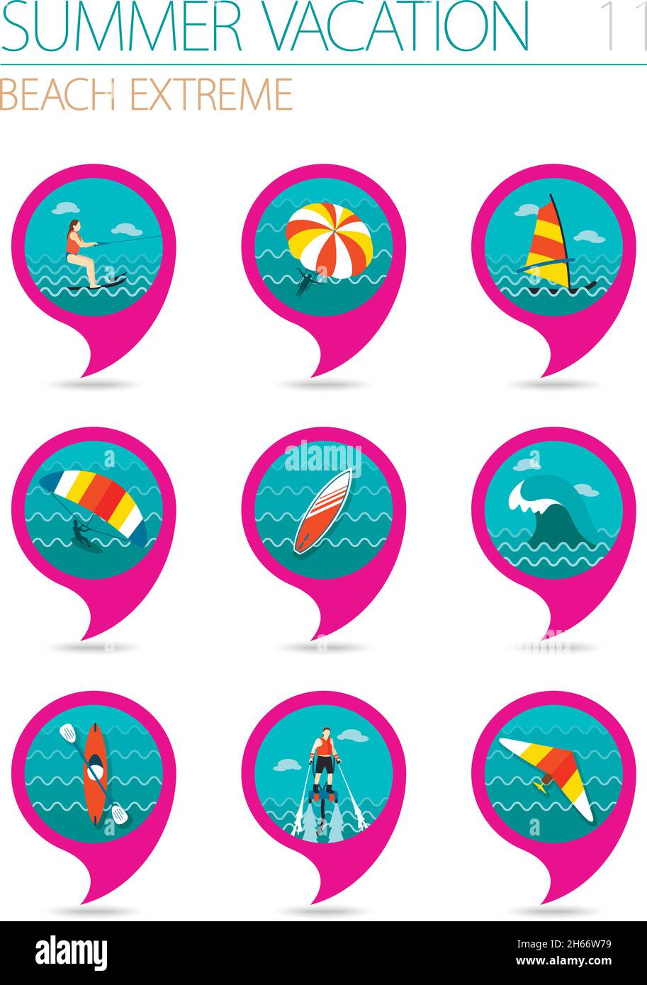 Extreme Water Sport beach vector pin map icon set. Summer time Map ...