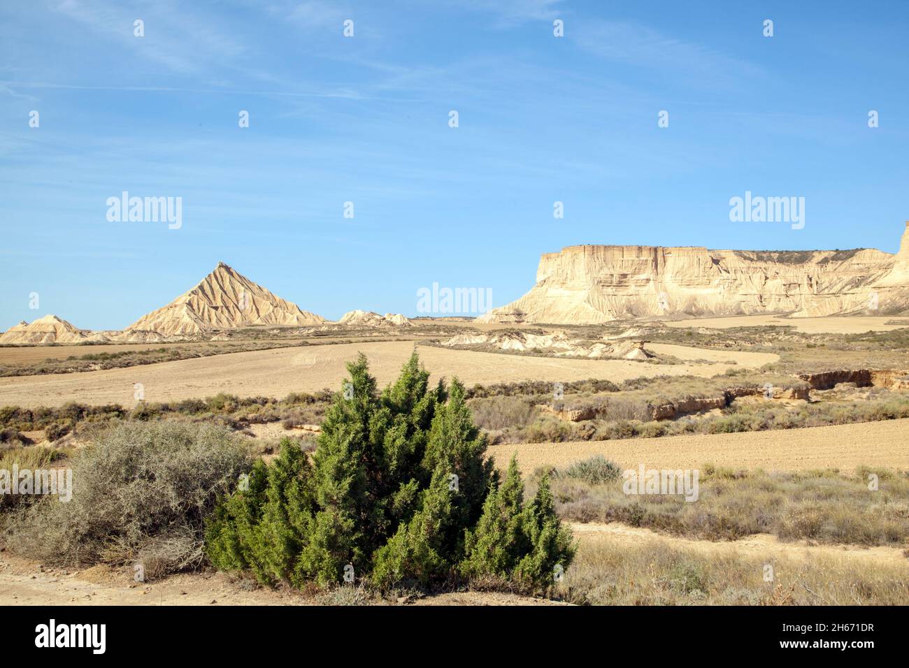 , Bardenas Reales is a Spanish UNESCO semi arid natural desert park with a lunar landscape of 42,500 hectares.in the Navarra region of northern Spain Stock Photo