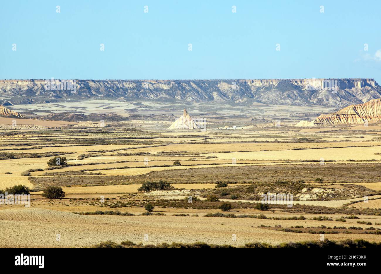 , Bardenas Reales is a Spanish UNESCO semi arid natural desert park with a lunar landscape of 42,500 hectares.in the Navarra region of northern Spain Stock Photo