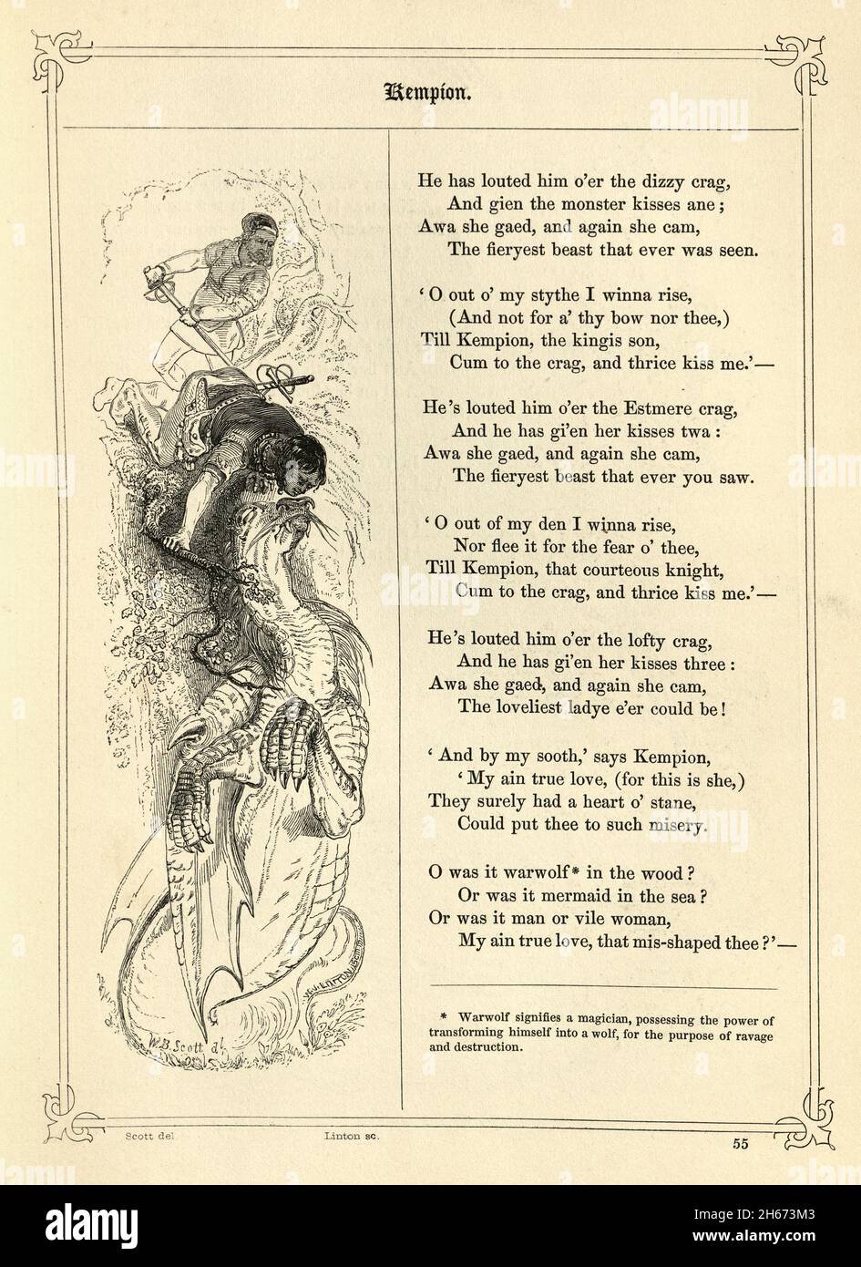 Book of British Ballads, Kemp Owyne or Kempion, The heroine is turned into a worm (dragon), usually by her stepmother, who curses her to remain so unt Stock Photo