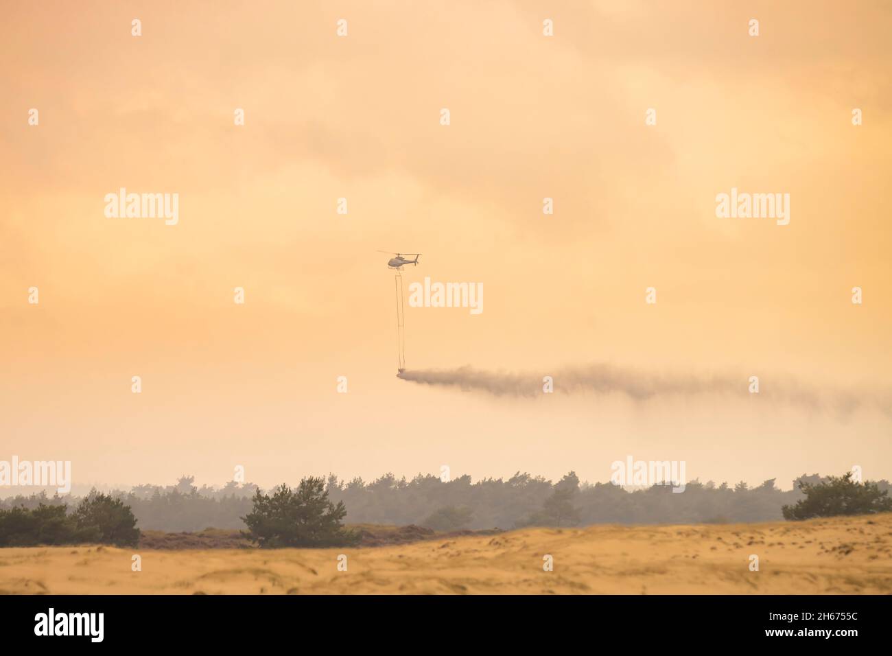 Chopper seeding rock flour, or glacial flour, enriching the minerals in forest floor and heathland at national park the Hoge Veluwe, the Netherlands Stock Photo