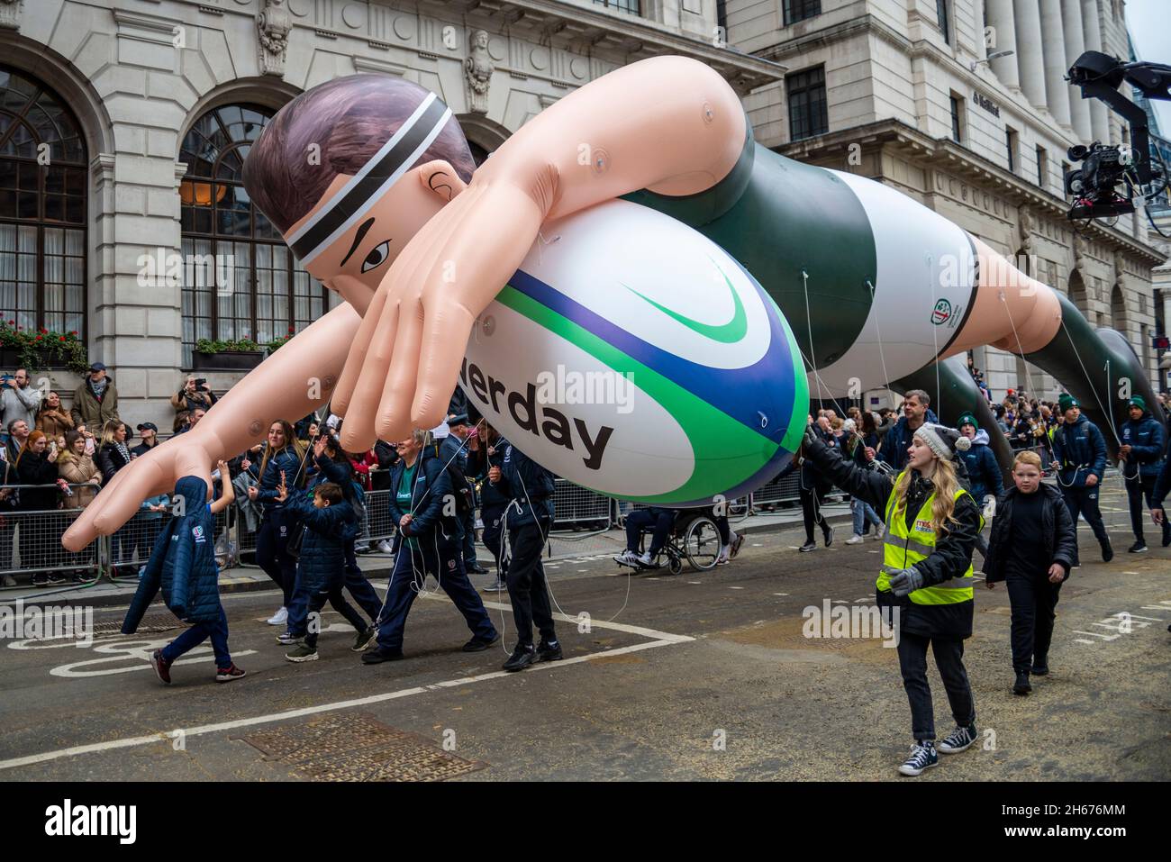 POWERDAY, LONDON IRISH RUGBY CLUB float at the Lord Mayor's Show, Parade, procession passing along Poultry, near Mansion House, London, UK Stock Photo