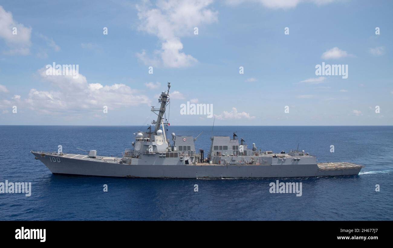 South China Sea, United States. 13 July, 2021. The U.S. Navy Arleigh Burke class guided-missile destroyer USS Kidd, sails in formation during a joint patrol July 13, 2021 in the South China Sea.  Credit: MC3 Kaylianna Genier/U.S. Navy/Alamy Live News Stock Photo