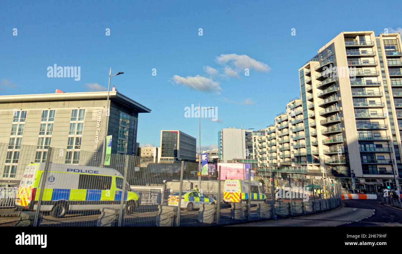 Glasgow, Scotland, UK  13th November, 2021.  Cop 26 ends and quieter streets and a diminished police presence brought some more normality to the city with less activity  to match the sunshine and blue sky. Credit  Gerard Ferry/Alamy Live News Stock Photo