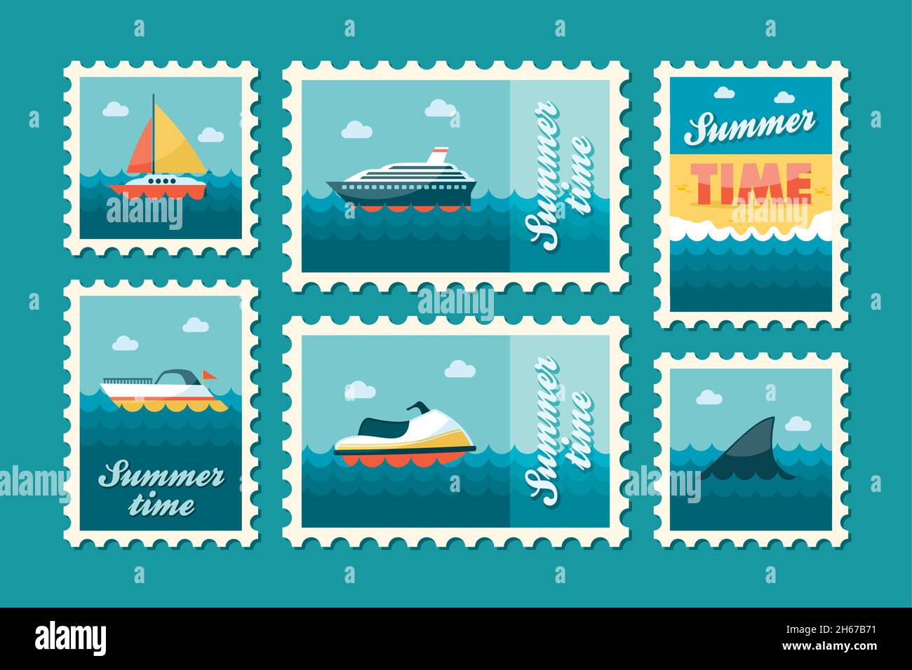 Summertime stamp set flat, vector eps 10 Stock Vector