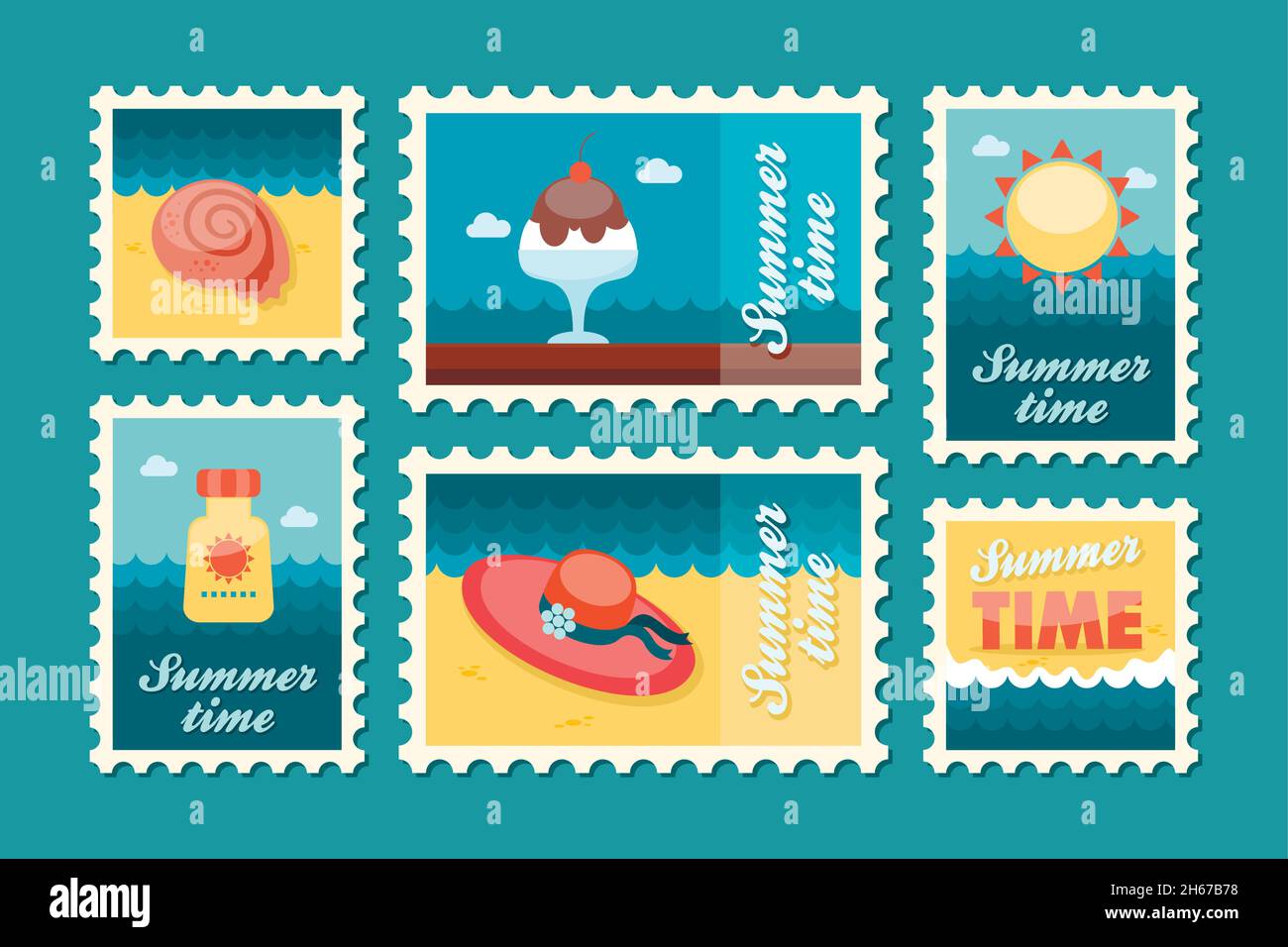 Summertime stamp set flat, vector eps 10 Stock Vector