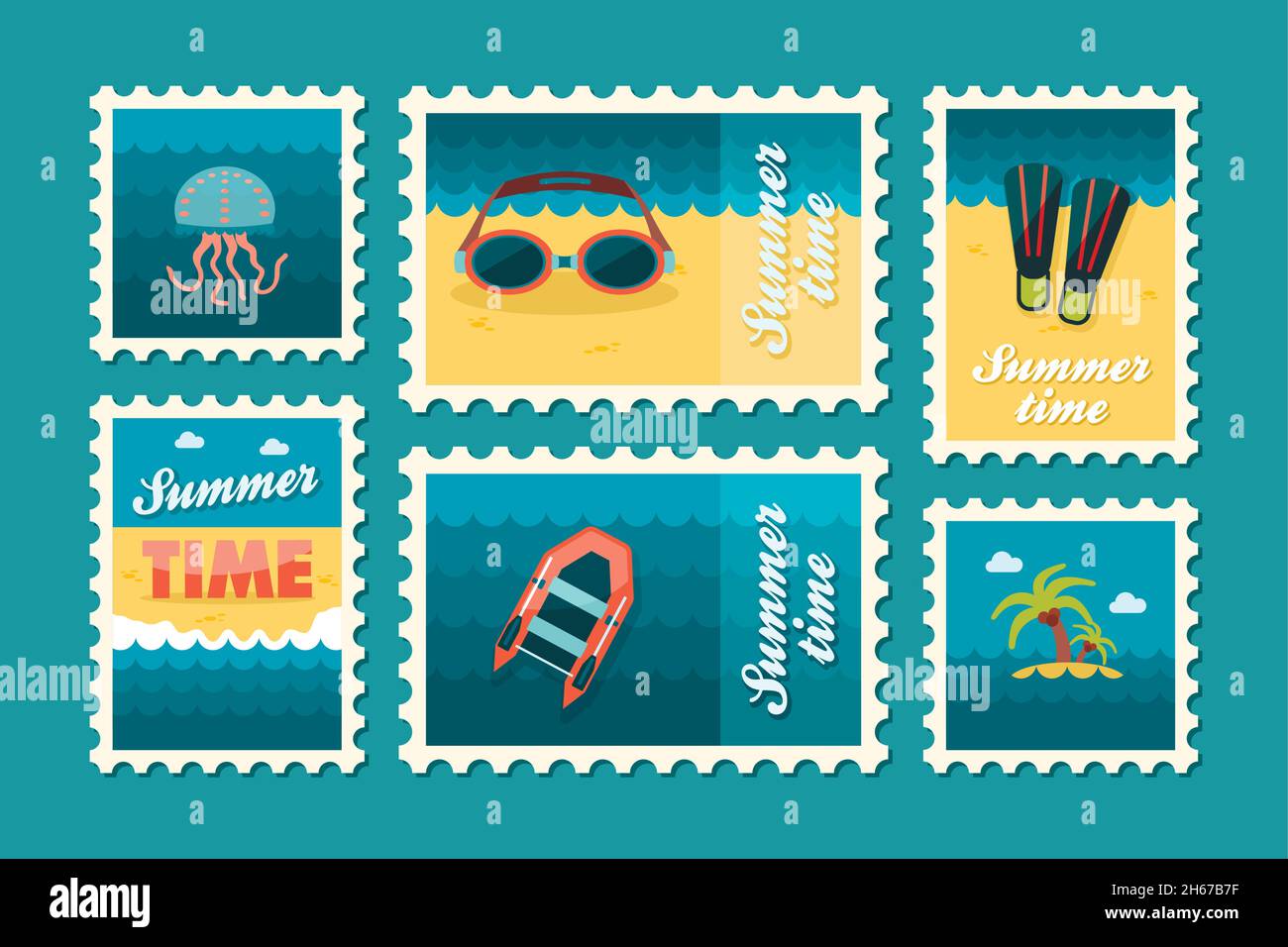 Summertime stamp set flat, vector eps 10 Stock Vector