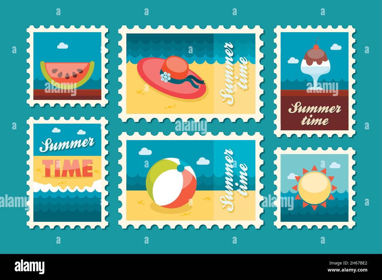 Summertime stamp set flat, vector eps 10 Stock Vector