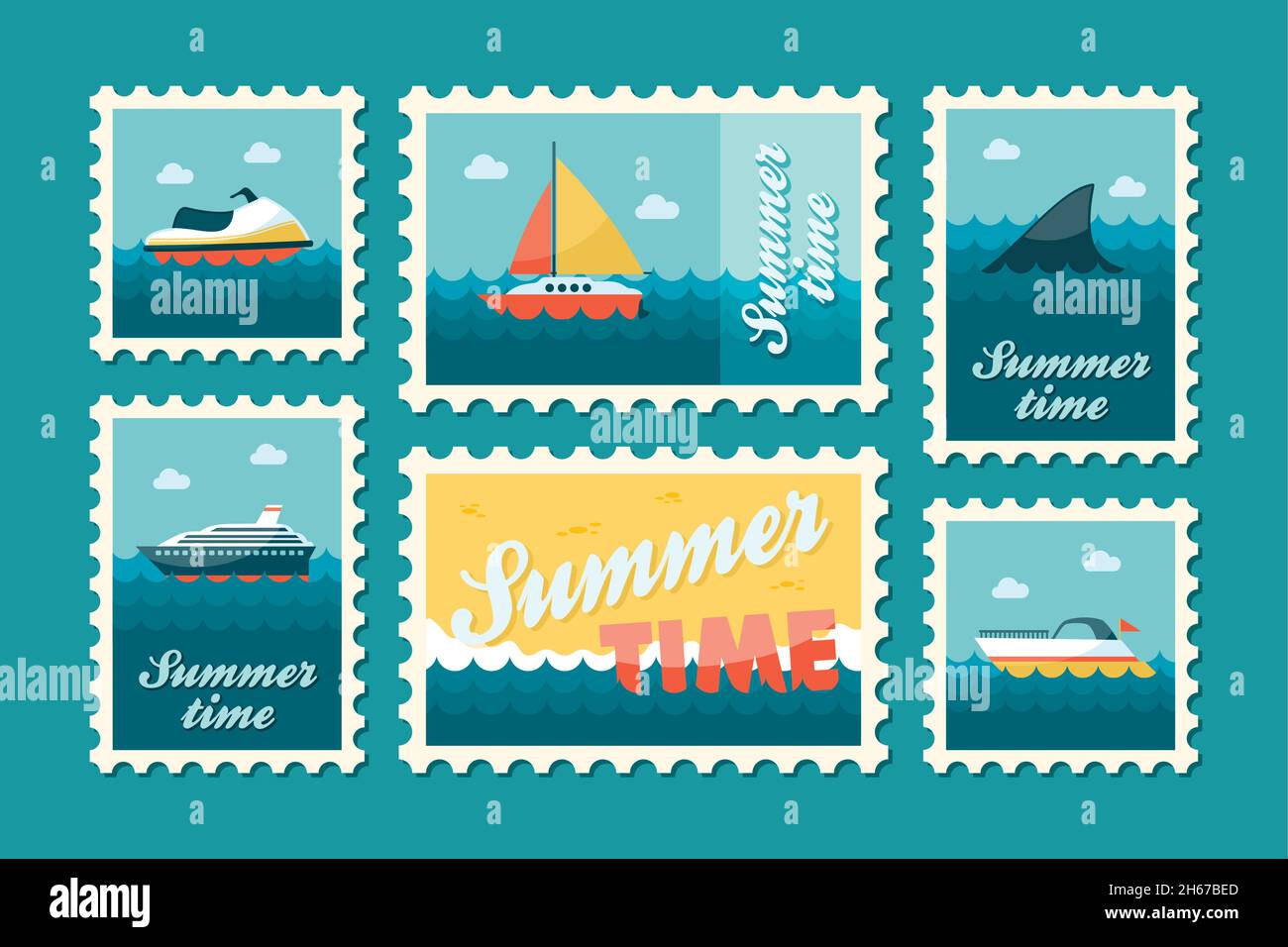 Summertime stamp set flat, vector eps 10 Stock Vector