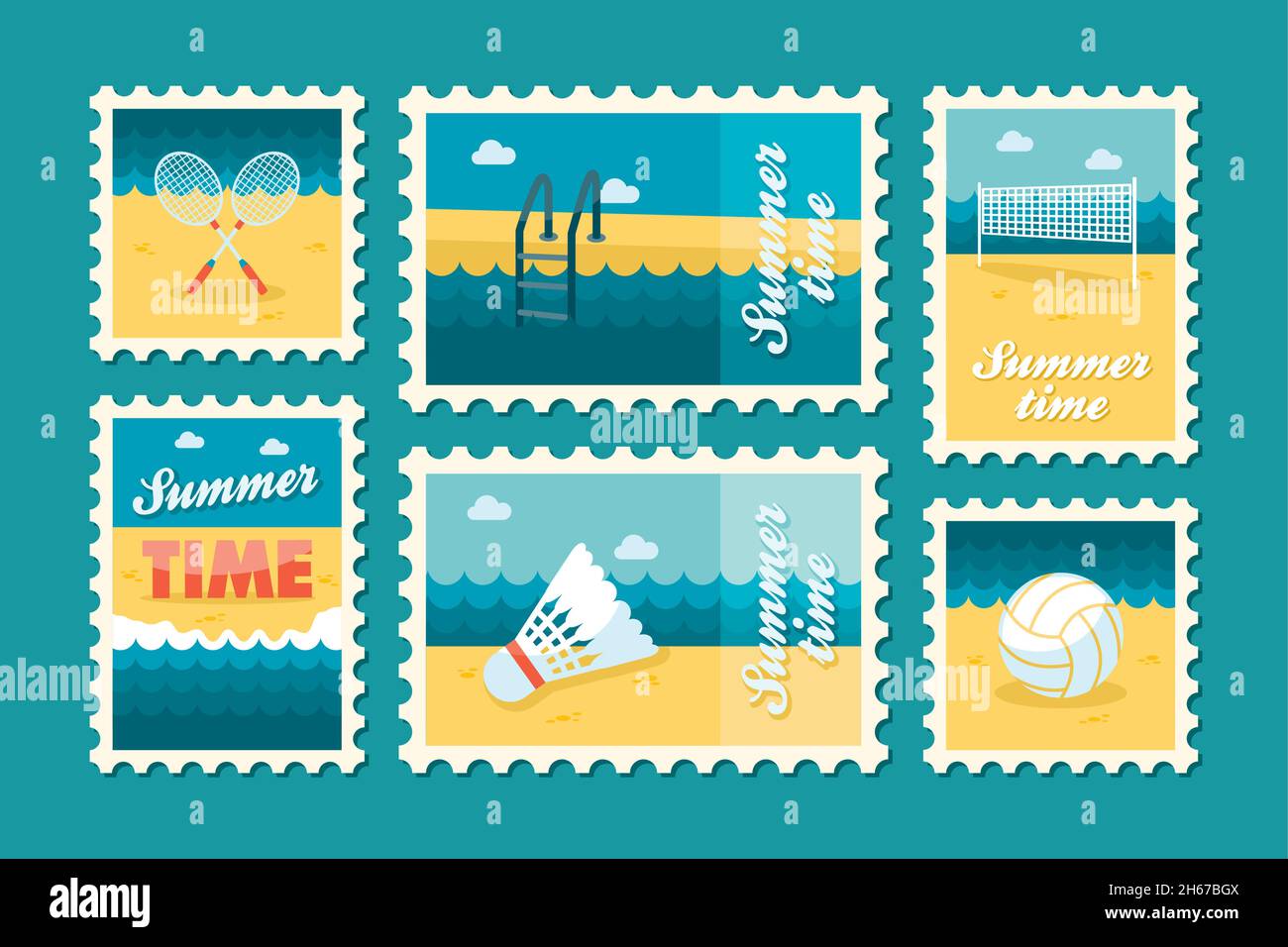 Summertime stamp set flat, vector eps 10 Stock Vector