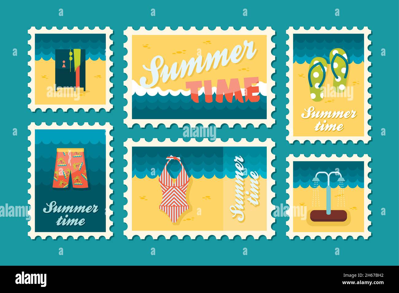 Summertime stamp set flat, vector eps 10 Stock Vector